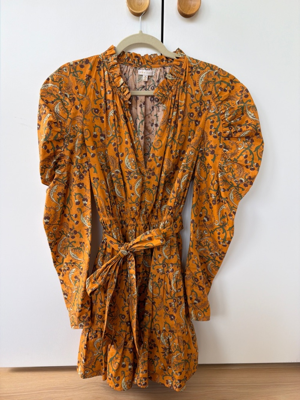 High-Neck Puff Sleeve Tie-Waist Mini Dress in Golden Mustard Paisley